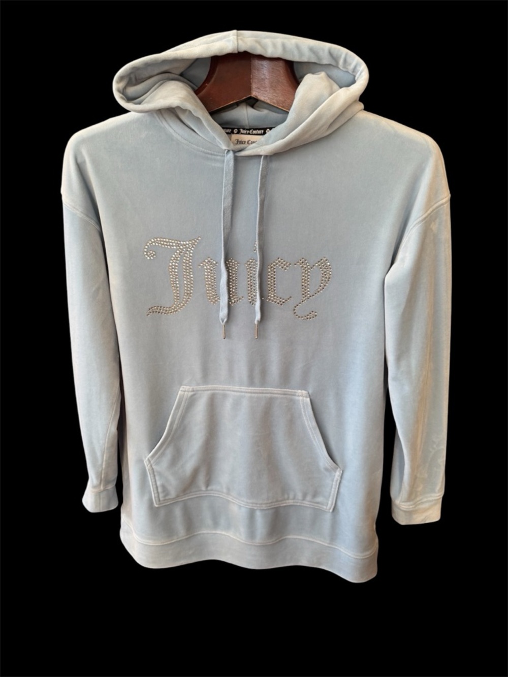 Juicy Couture Light Blue velvety Rhinestone Logo Hoodie size S oversized